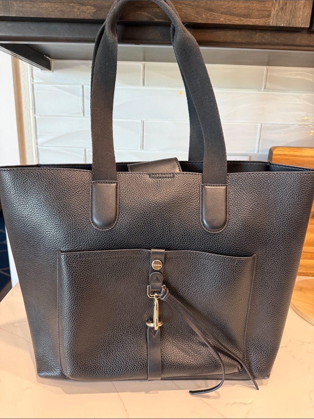 Calvin Klein Black Leather Tote with Gold Hardware Accents - Picture 1 of 7